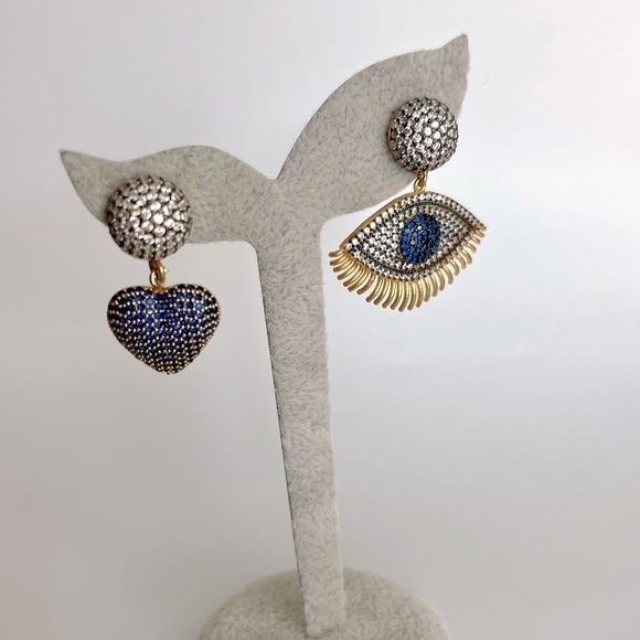 Evil Eye & Heart Handcrafted Dangle Earrings | Royal Blue Zircon | Jewelry - Picture 5 of 7